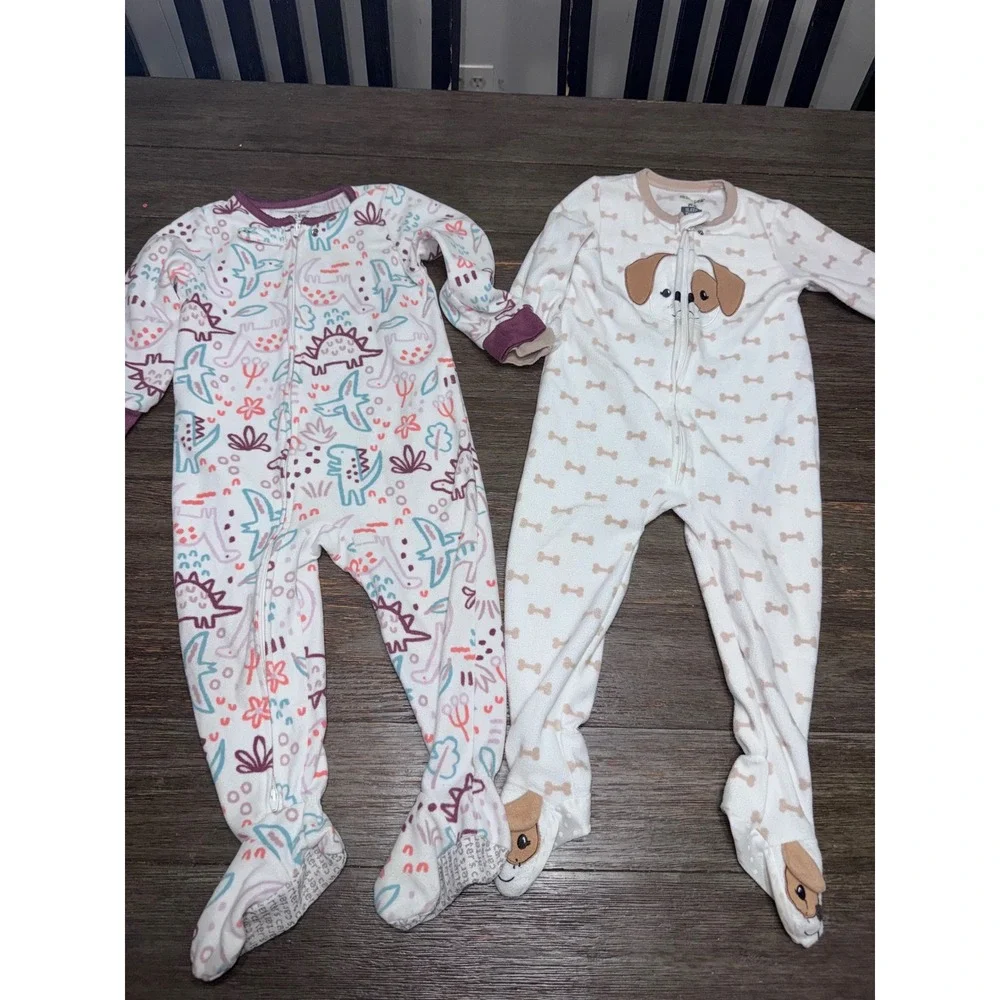 Carters Chick Pea Toddler Girls 24M Fleece Footed Pajamas Dinosaur Dog Lot of 2